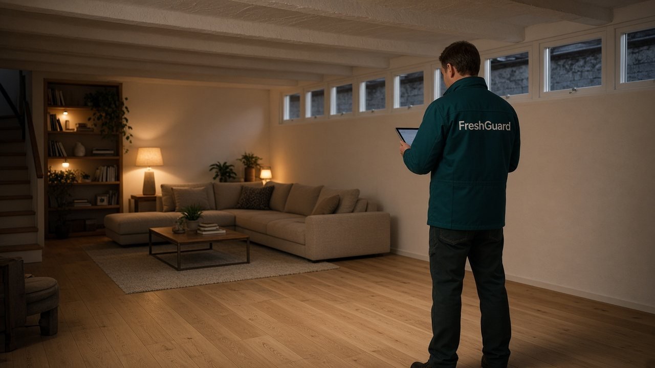 FreshGuard technician reviewing a finished basement family room