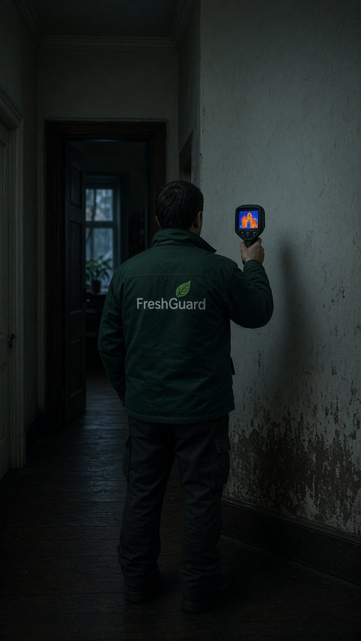 FreshGuard specialist checking a hallway wall for hidden moisture with a thermal camera