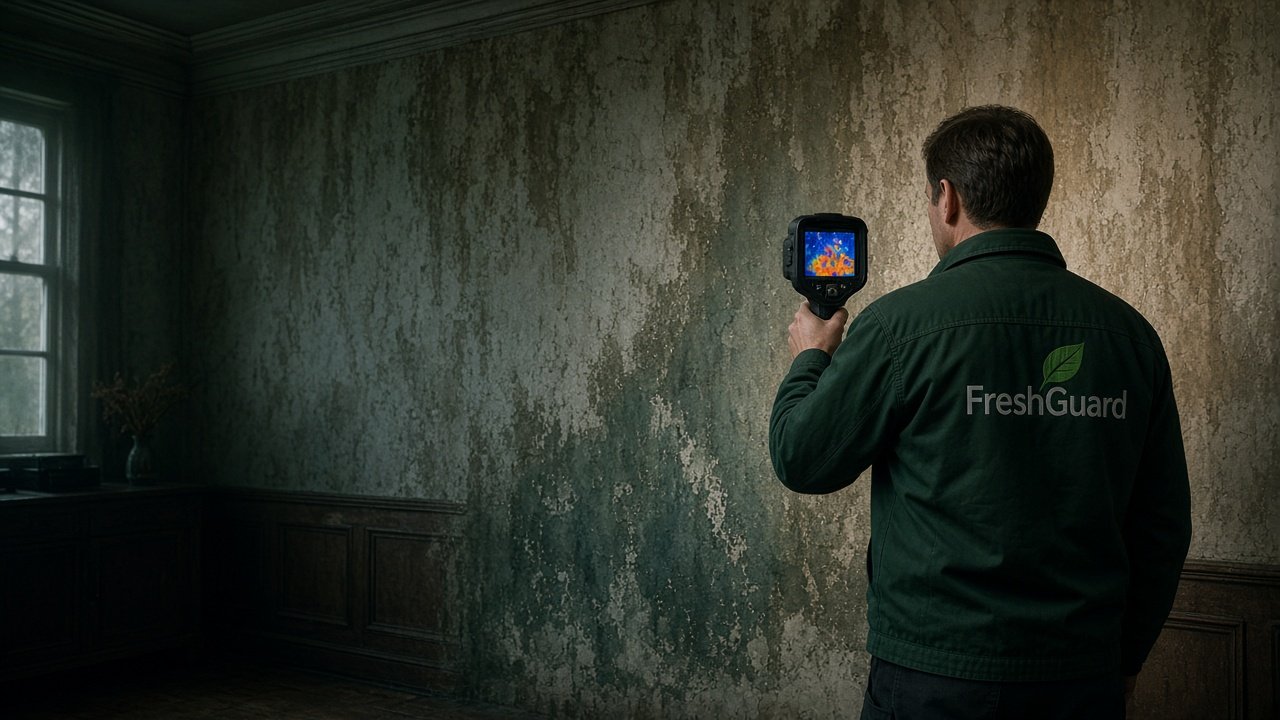 FreshGuard specialist scanning a damp wall with a thermal imaging camera