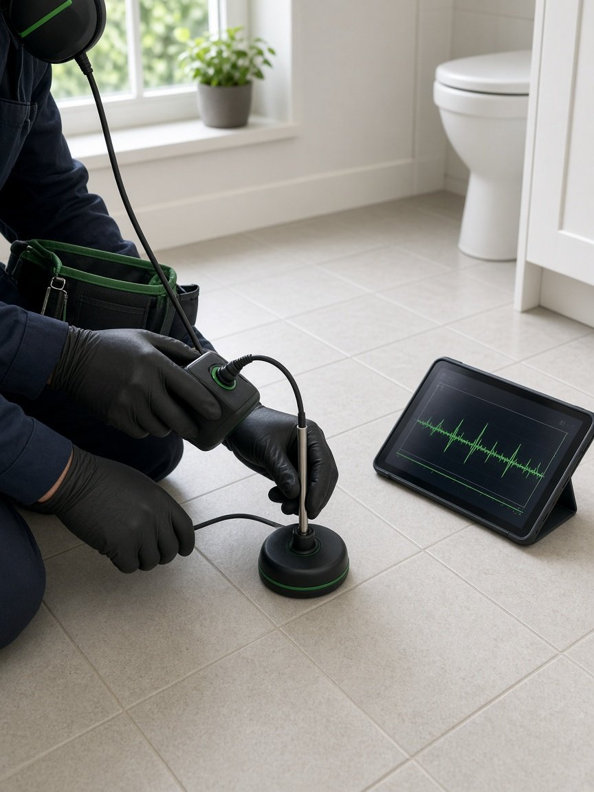 Technician using an acoustic leak detector on a bathroom floor to find a hidden pipe leak