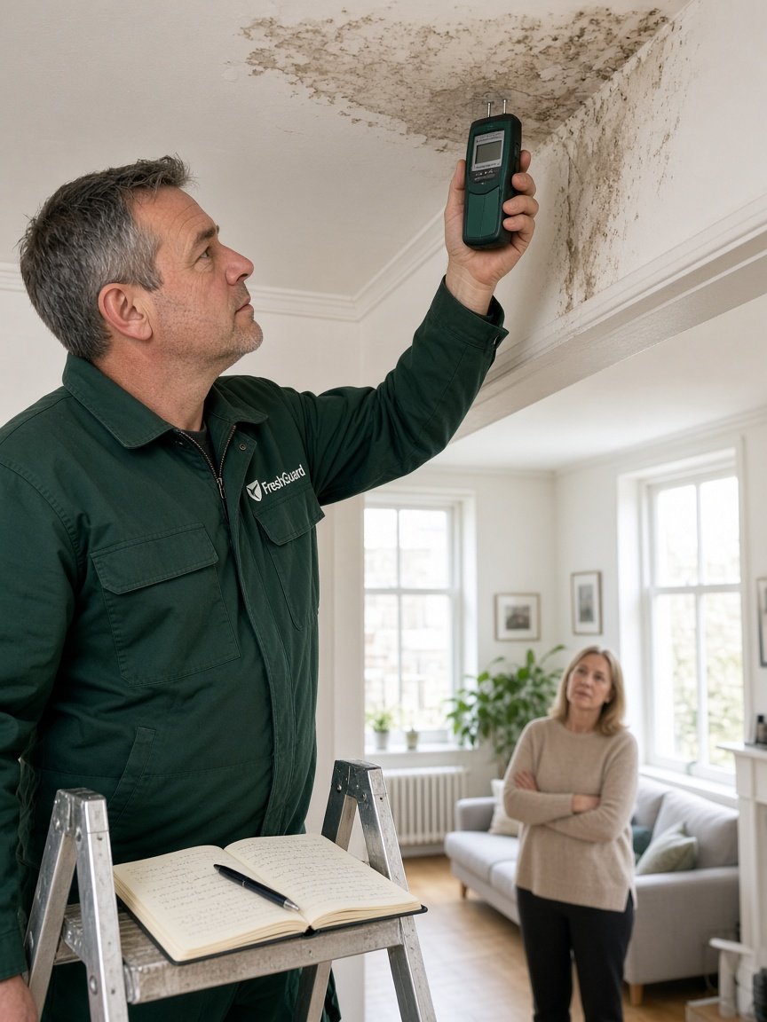 FreshGuard inspector measuring a water-stained ceiling with a moisture meter