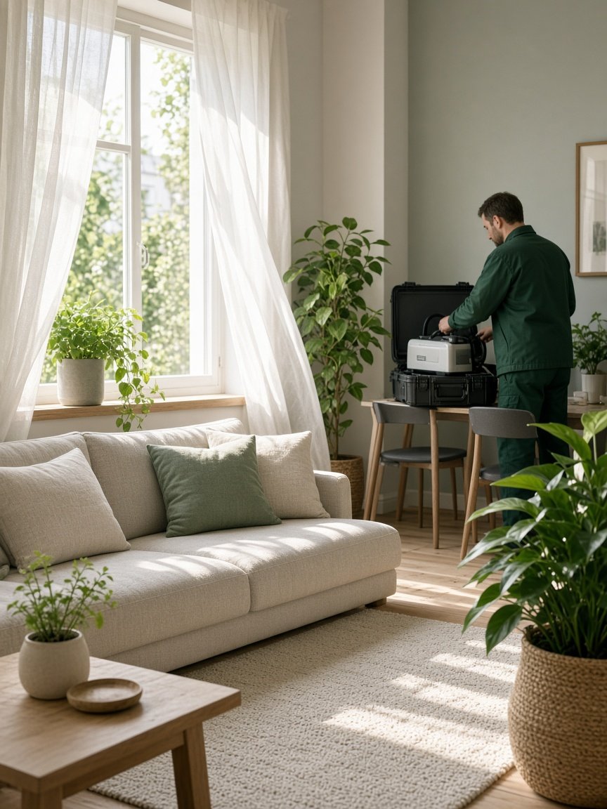 Fresh, bright living room after professional odor treatment with a FreshGuard technician packing equipment