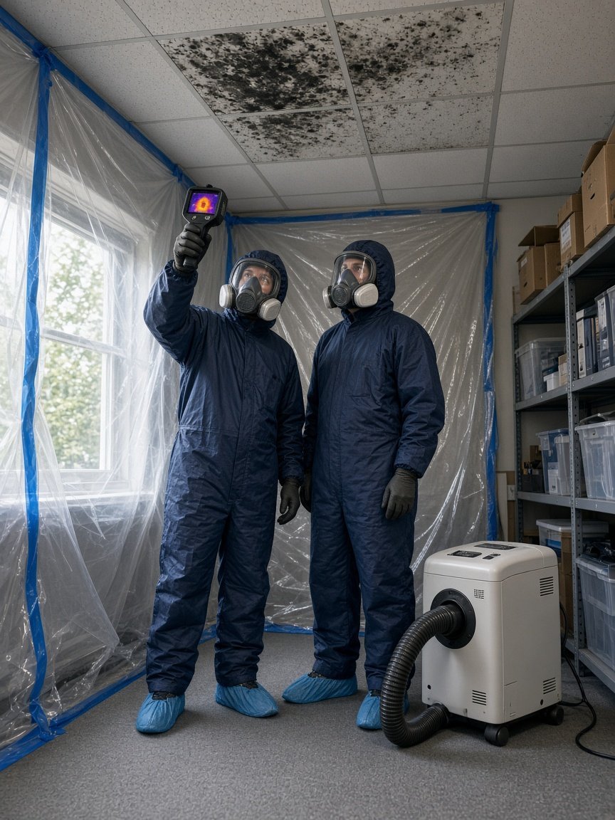 Mold remediation specialists setting up containment in a commercial storage room