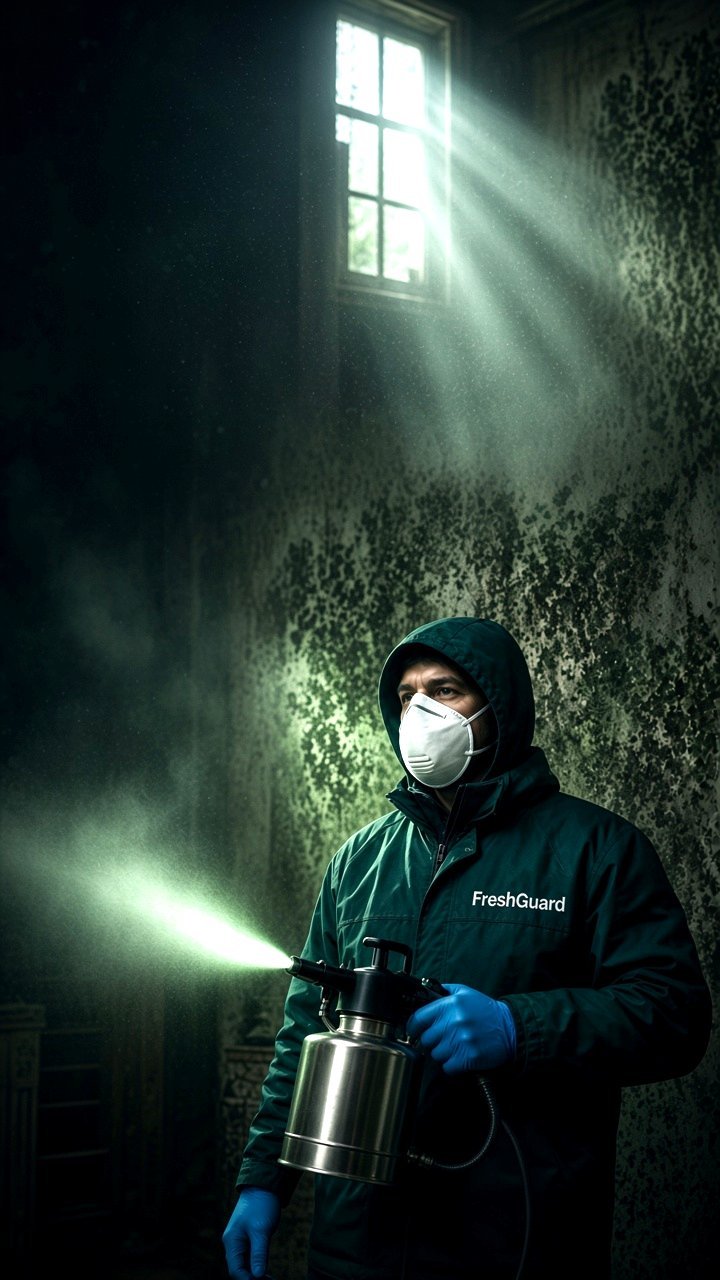 FreshGuard specialist fogging a mold-covered wall