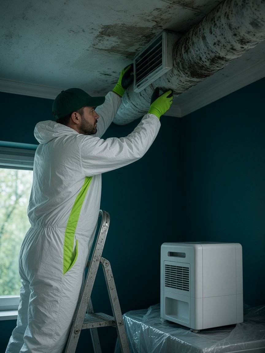 FreshGuard specialist removing an old moldy ventilation duct with a new unit ready on a protected floor