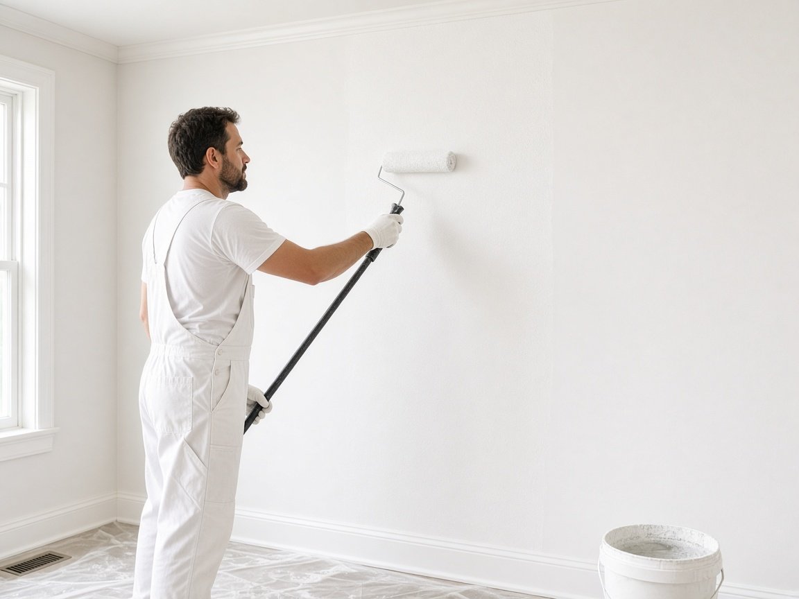 Painter applying final finish to an interior wall