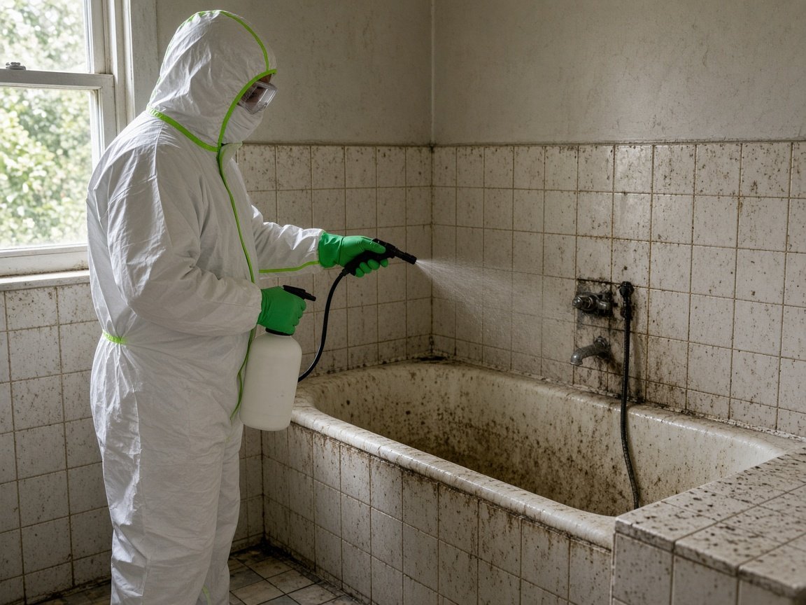 Sanitizing fog treatment in a grimy bathroom