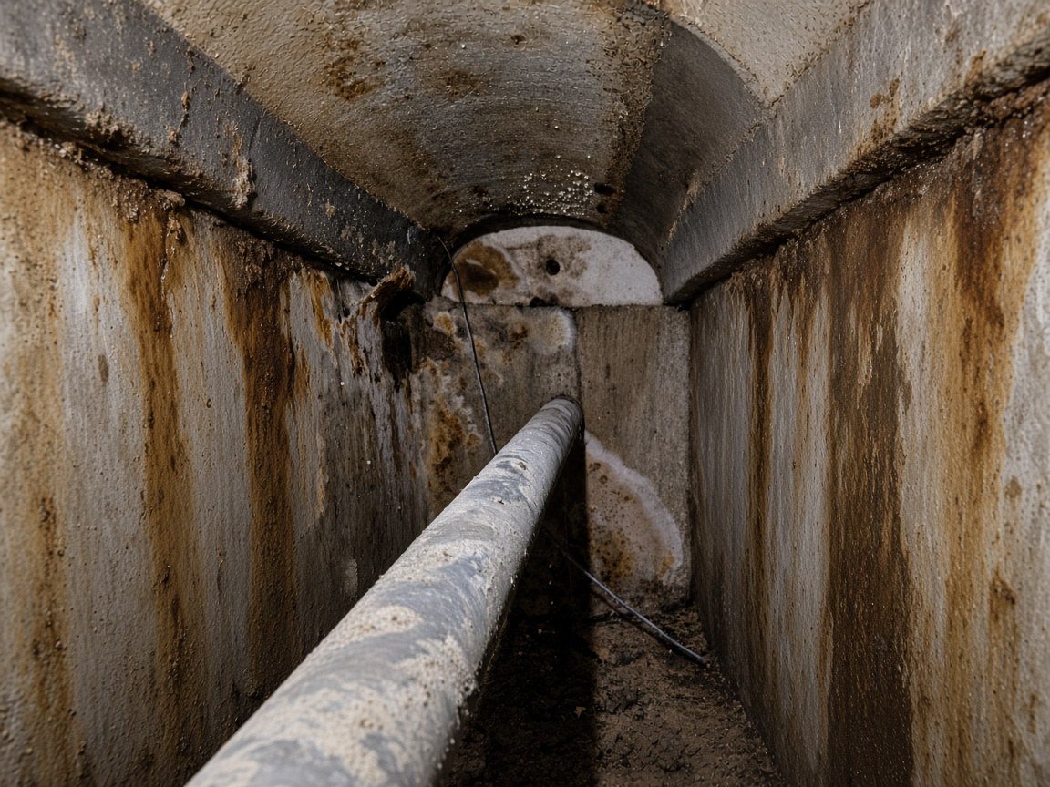 Moldy utility tunnel before cleaning